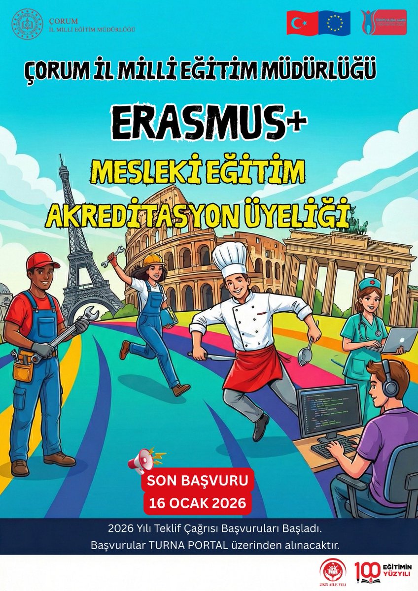 Çorum İl Millî Eğitim Müdürlüğü olarak, 2026 Erasmus+ Mesleki Eğitim ve Okul Eğitim Akreditasyonu projesi kapsamında konsorsiyum üyesi olmak isteyen kurumlarımız için başvuru sürecini başlatmış bulunmaktayız.
<a href="/ayhanozturkmeb/">Ayhan Öztürk</a> 
<a href="/CemilCaglar60/">Cemil Çağlar</a> 
<a href="/Corum19MEM/">Çorum İl Milli Eğitim Müdürlüğü</a> 
<a href="/ulusalajans/">Türkiye Ulusal Ajansı 🇹🇷 Turkish NA</a>