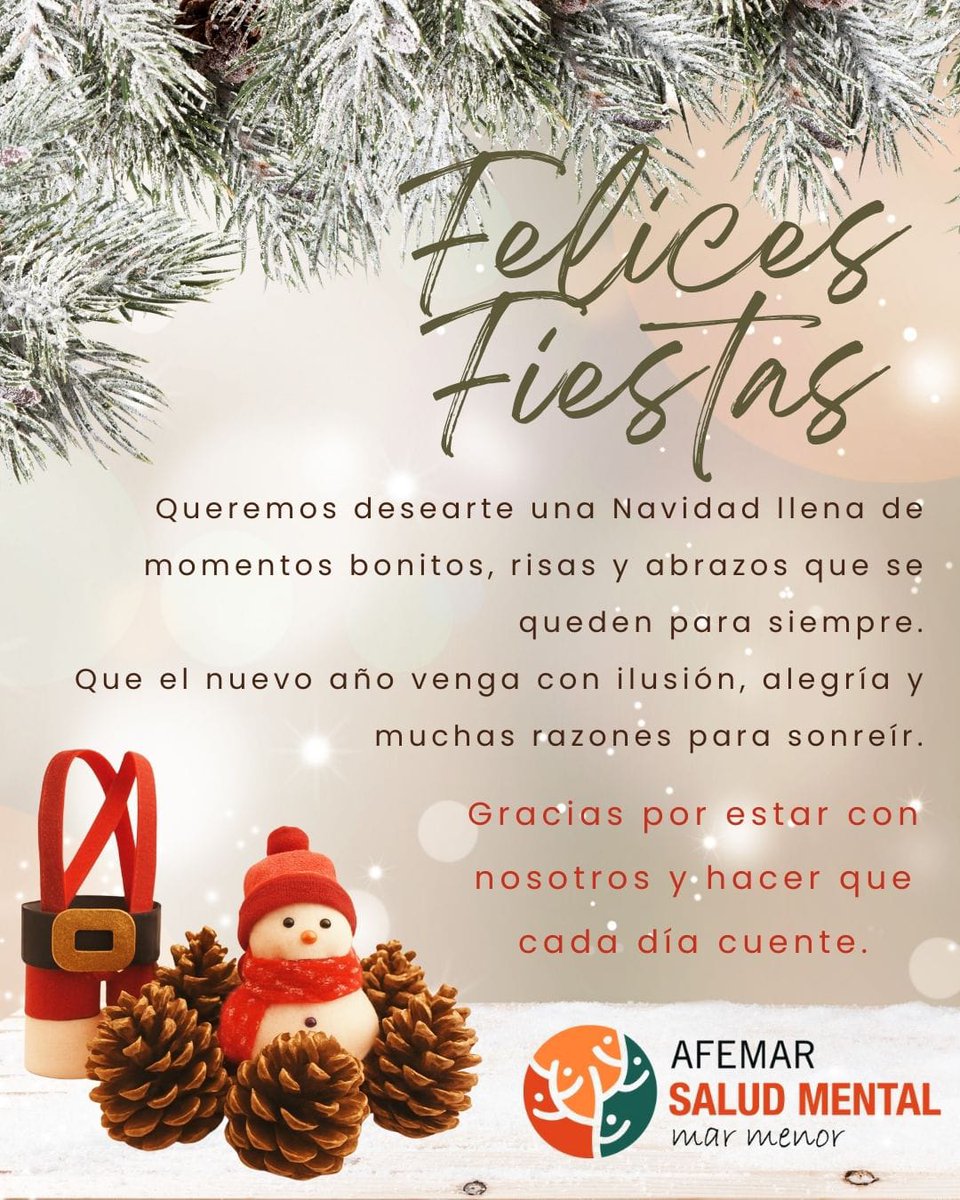 ¡Felices Fiestas! 🎄✨ Desde AFEMAR Salud Mental Mar Menor os deseamos amor, paz y alegría para todo el mundo en estas fiestas. ¡Un abrazo! ❤️