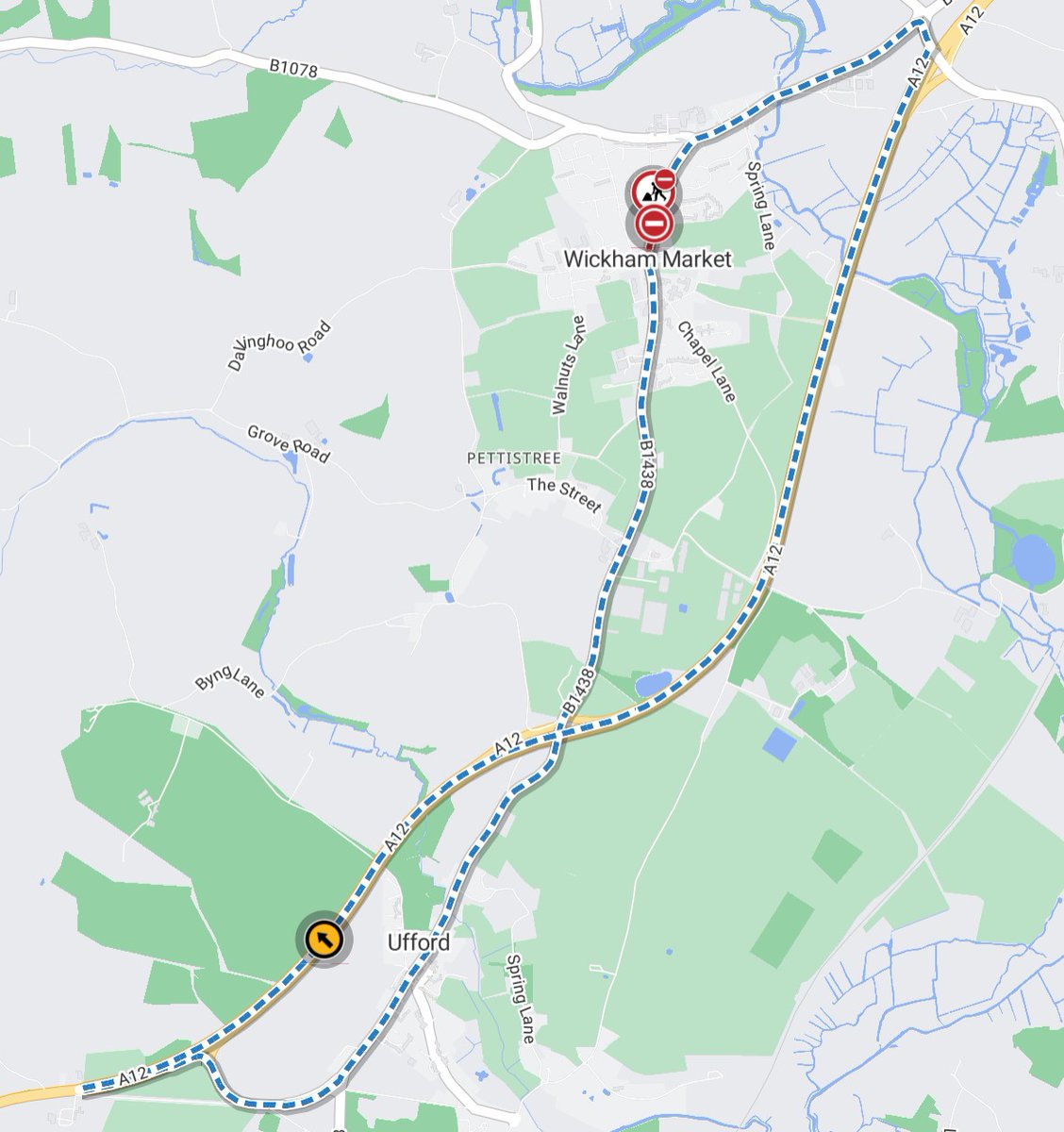 ⚠️ 𝙐𝙥𝙘𝙤𝙢𝙞𝙣𝙜 𝙬𝙤𝙧𝙠𝙨: High St, #WickhamMarket will be closed until 5pm today (Tue 23 Dec) for footway repairs.

Diversion via B1438, A12, B1078, B1438 and vice versa. Thank you for your patience during this time. #Suffolk
