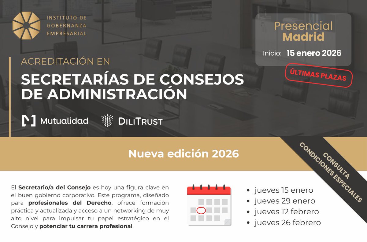 ¿Y si 2026 fuera el año en el que tu papel como Secretario/a de Consejo da un salto definitivo?

🚨 Últimas plazas para la edición 2026 de nuestra #AcreditaciónSecretarías. Inicio: 15 de enero en #Madrid.

👉Más info: workdrive.zohopublic.eu/external/9f829…