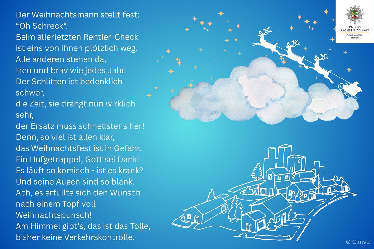 ✨24. Dezember 2025 - Einmal schmunzeln bitte.✨
Wir wünschen Ihnen und Ihrer Familie einen schönen Heiligabend.🎄🎅
Neben unserem Gedicht zum Schmunzeln möchten wir jedoch über Wirkungen und Risiken von Alkohol aufklären: polizei-beratung.de/themen-und-tip…