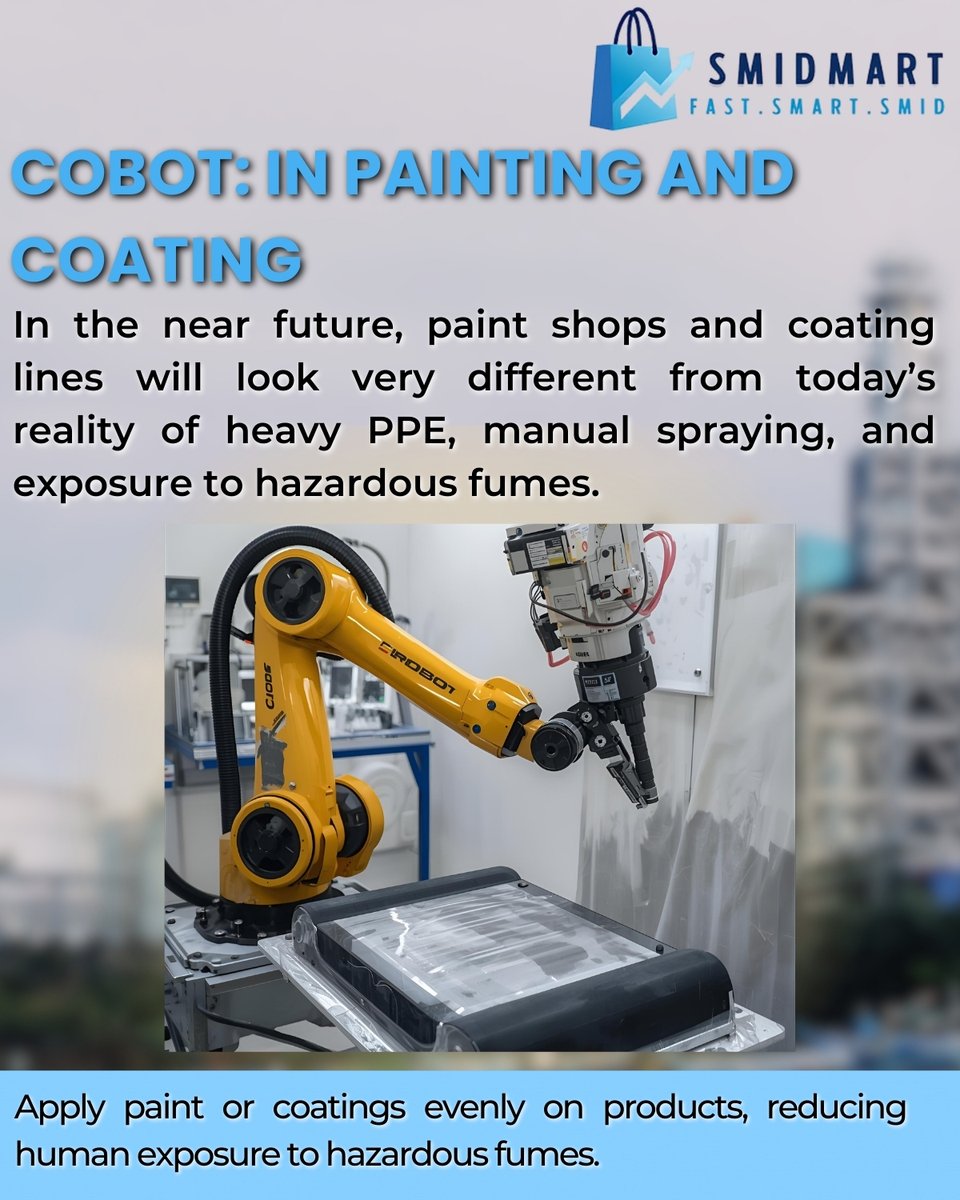 smidmart90240's tweet image. In the near future, paint shops and coating lines will look very different from today’s reality of heavy PPE, manual spraying, and exposure to hazardous fumes.
 know  more:zurl.co/QEmwa 
#Cobot #PaintingAutomation #Coating #SmartFactory #Industry40 #WorkerSafety