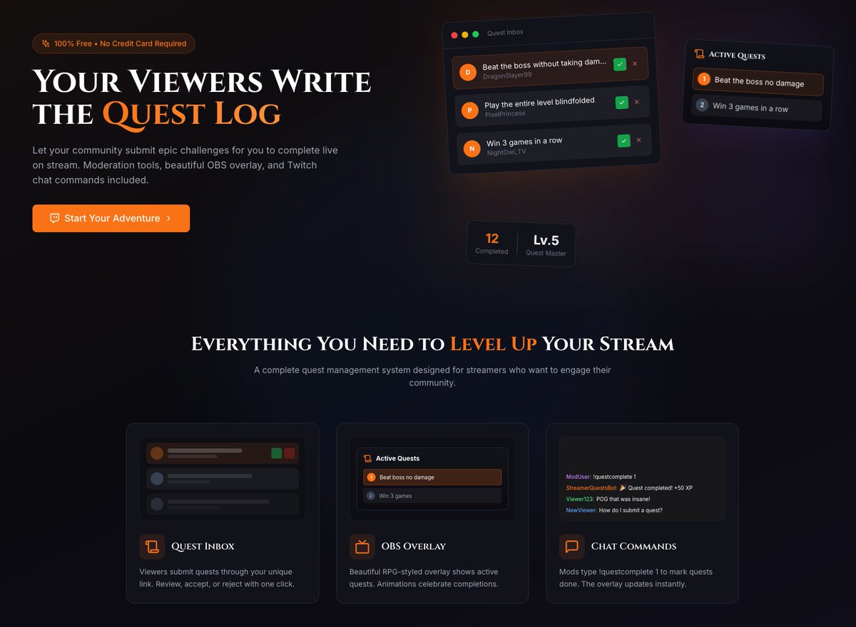 I built something for Twitch streamers 👀

Looking for testers!

StreamerQuests - viewers submit challenges/quests for you to complete on stream. You approve them, do them live, mark complete.

✅ Real-time updates
✅ Stream overlay
✅ Chat bot commands

StreamerQuests.com