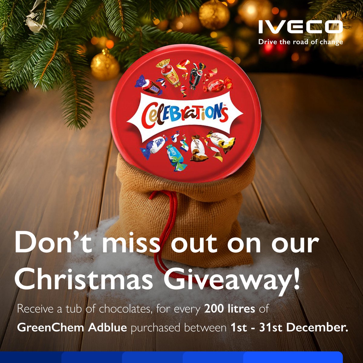 𝗖𝗵𝗿𝗶𝘀𝘁𝗺𝗮𝘀 𝗚𝗶𝘃𝗲𝗮𝘄𝗮𝘆 🎄

Receive a tub of chocolates, for every 200 litres of GreenChem Adblue purchased up until the 31st December.

Don't say we don't treat you 😉🎁

iveco-dealership.co.uk/walton-summit/…

#IVECO #CommercialVehicles
