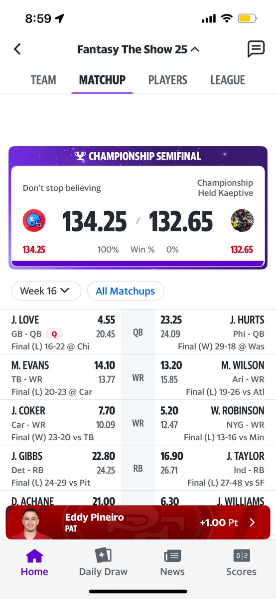 Handistus's tweet photo. @NFLFantasy By less than 2 points!! https://t.co/CJPixDIbl4