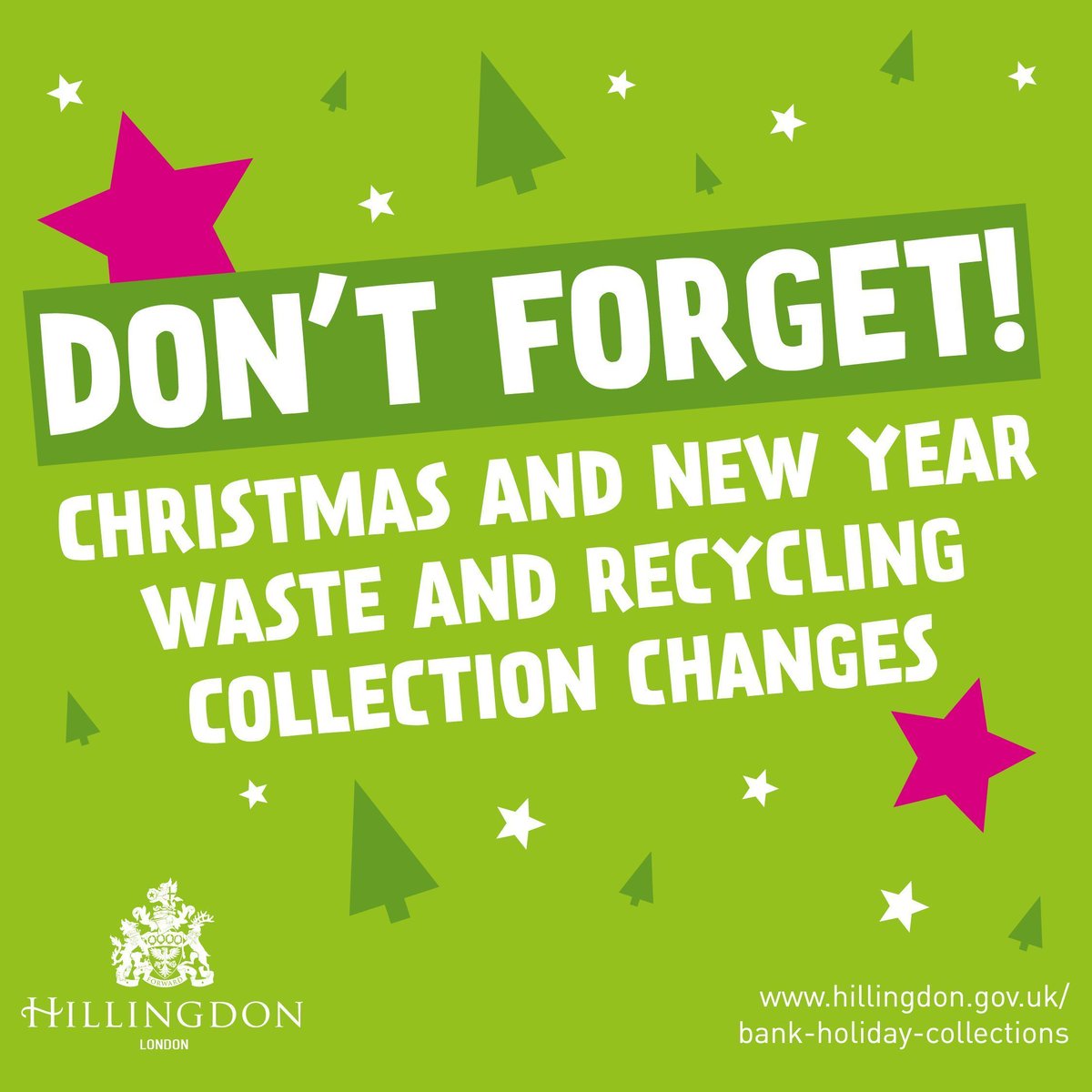 Hillingdon's tweet photo. 🚨 Reminder 🚨 

Due to the bank holidays, there are changes to waste and recycling collections during the Christmas and New Year period 🎄 

Make sure you check the table for your collection days 👀 https://t.co/9RGZkaVYN3