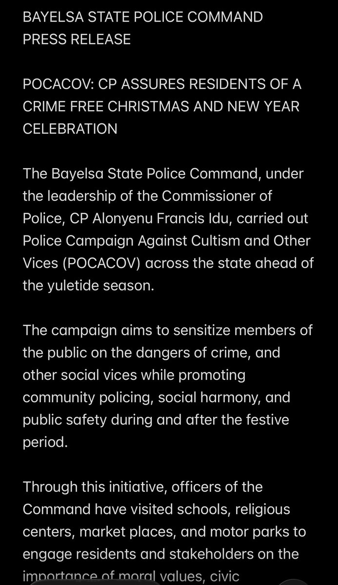 BayelsaPoliceNG's tweet photo. Bayelsa State Police Command assures citizens of a crime free Christmas and new year celebration. #pocacov https://t.co/iCZ3blnJHU