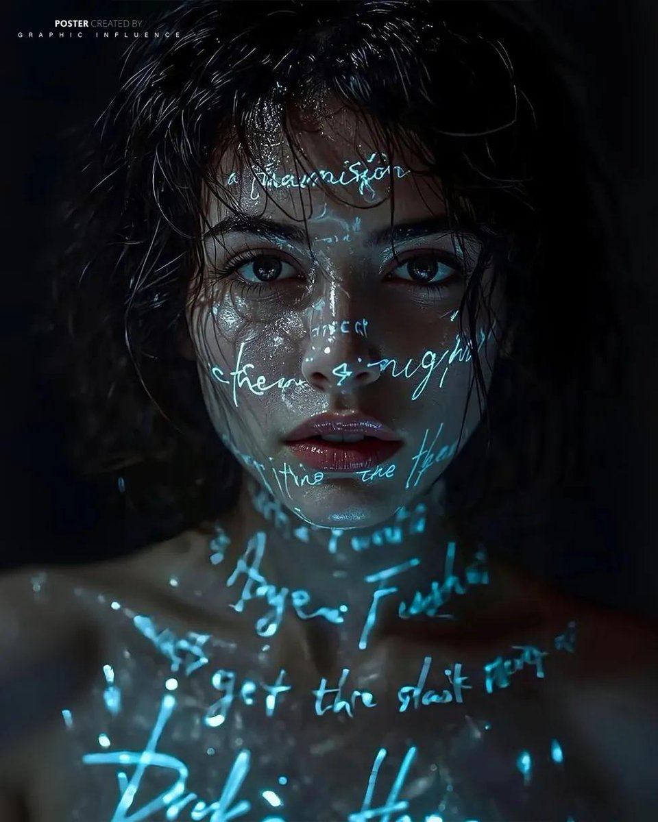 iamsofiaijaz's tweet image. 1. Open ChatGPT
2. Upload Your Image
3. Prompt
"A cinematic, ultra-realistic close-up portrait of a young woman with wet, tousled dark hair and luminous skin, staring directly into the camera with an intense, introspective expression. Glowing cyan handwritten text and symbols are…