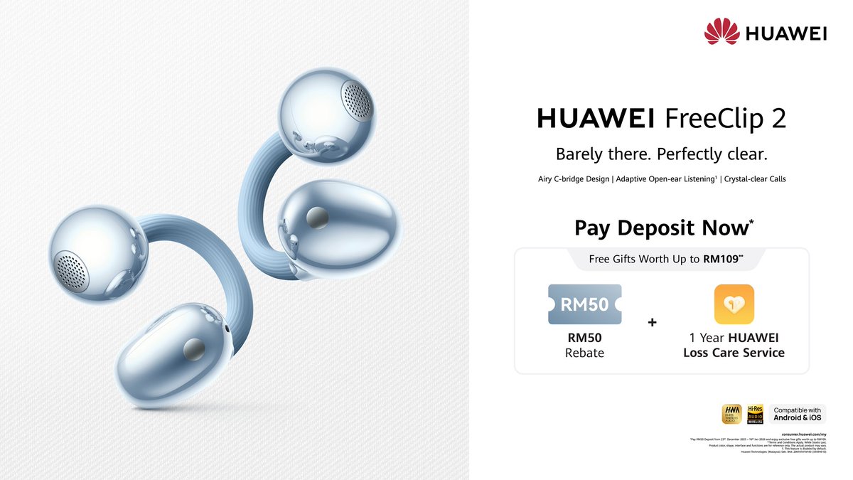 Introducing the new HUAWEI FreeClip 2. Experience air-like comfort with the Airy C-bridge Design, crafted to sit gently on your ears for lasting wear throughout the day.

Pay Deposit Now to secure yours today!

Learn More: bit.ly/FreeClip2-FB-H…

#HUAWEIMY #NeverFeelNeverFall