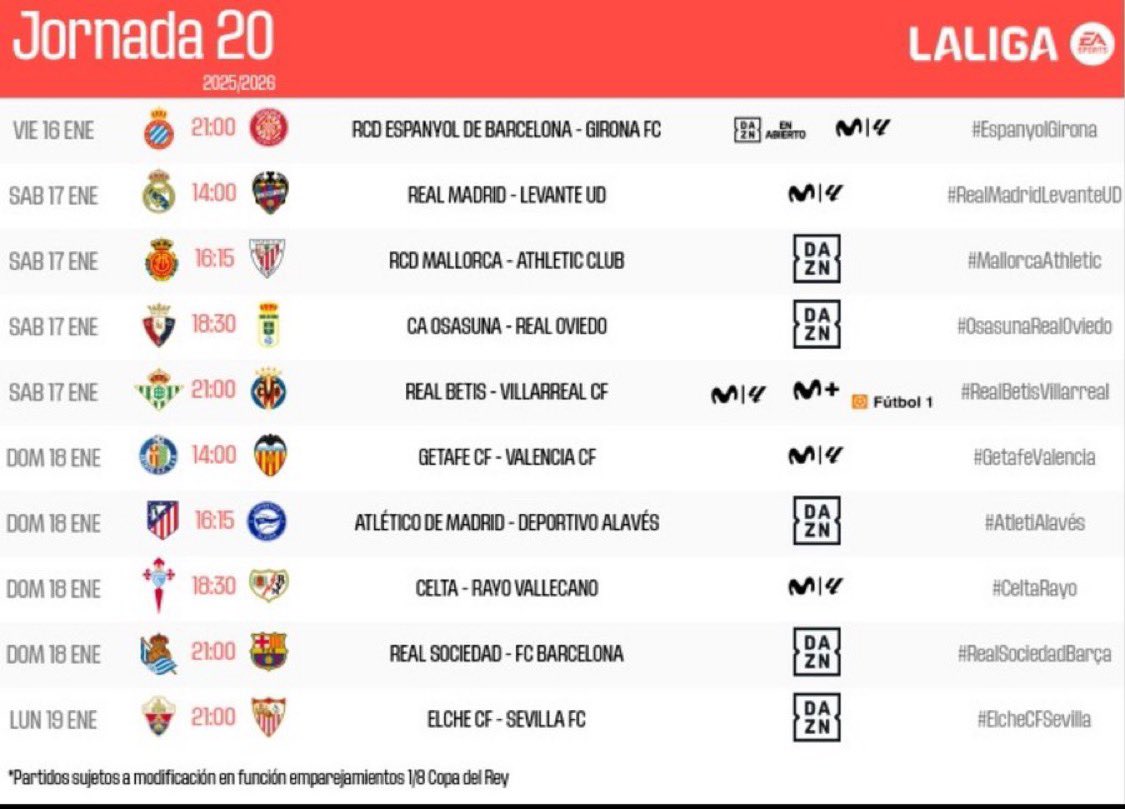 El partido ante el Girona, en viernes. #rcde 

📅VIERNES 16 de ENERO
🕢21:00h
🏟️RCDE STADIUM 

#RCDEspanyol #Espanyol