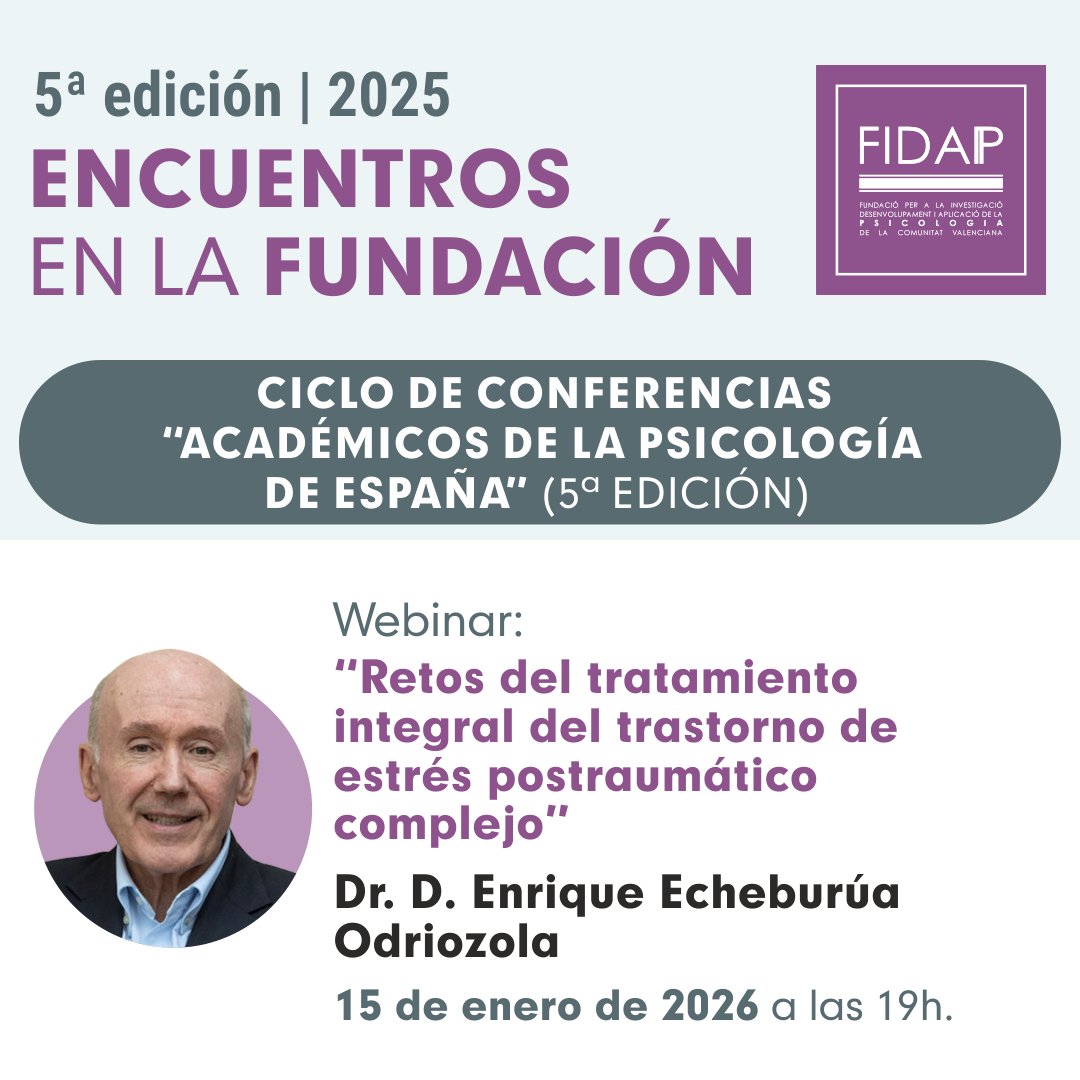 COPCV's tweet image. #EncuentrosEnLaFundación

Webinar 'Retos del tratamiento integral del trastorno de estrés postraumático' de Enrique Echeburúa.

Organizada por la #FIDAP en colaboración con el COPCV y la @AcPsicologiaEs. Tendrá lugar el 15 de enero a las 19:00h.

+info: fundaciónfidap.com/agenda-de-acti…