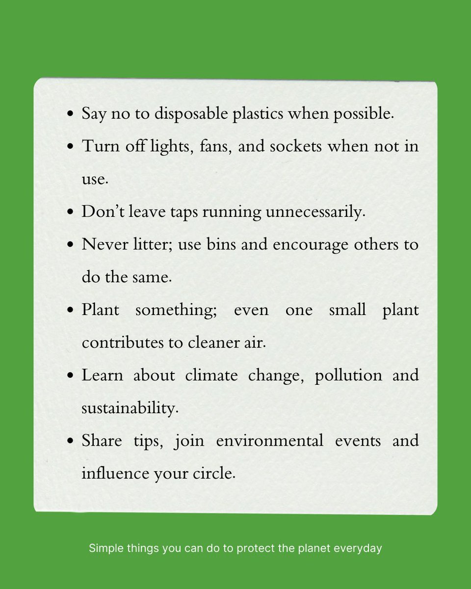 Greenunilorin's tweet image. We bring to you some of the easiest daily habits you can practice to contribute to environmental sustainability. It doesn’t have to be huge, every little act counts. 💚

#greenclubunilorin #sustainability #environment #unilorin