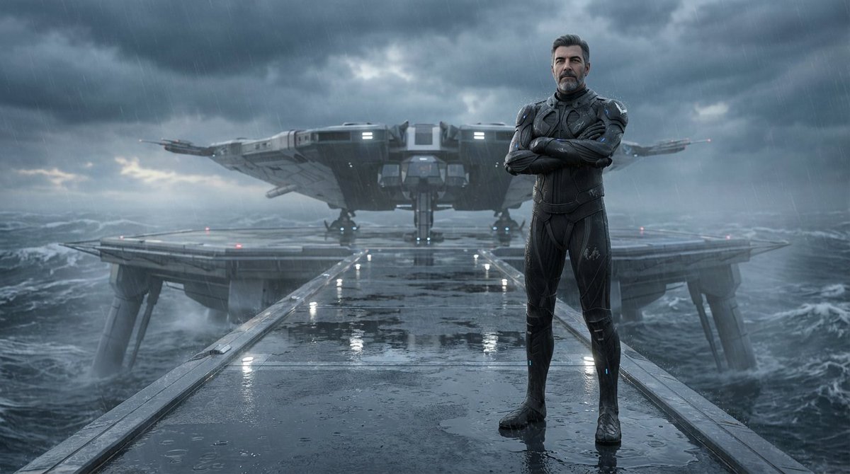 Water world in <a href="/EliteDangerous/">Elite Dangerous</a> 
Arms crossed.
Face exposed.
The ship can wait.
#conceptart