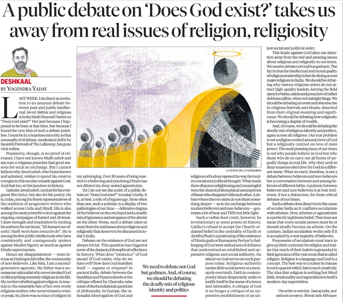 Rajmalhotrachd's tweet image. 🧵 Yogendra Yadav’s “Does God exist?” is the wrong debate — the real fight is religion-as-power ⚡🕯️🧠

For @_YogendraYadav and for everyone who thinks “faith vs atheism” is the main battlefield
#Religion #Religiosity #Secularism #India #PublicDebate #Philosophy #Sociology 🔥

A