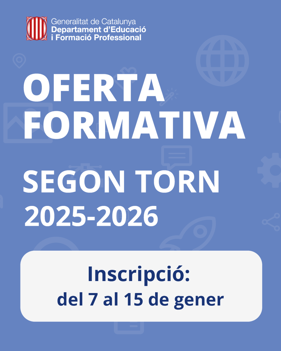 xtec's tweet photo. El dia 7 de gener s'obre la convocatòria del segon torn de l'oferta formativa 2025-2026. Consulteu-ne l'enllaç.

🔗 https://t.co/6wmwZx1U5n

#AlsCentres https://t.co/7bqbb2oidU