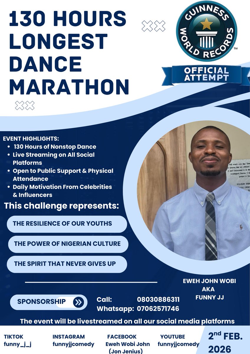 JonJenius's tweet photo. @_Obi_CubanaSZN @Ad3dayo Please kindly assist me for my Guinness World Record for Longest Dance Marathon preparation please. Eweh John Wobi 8030886311 Opay
@_Obi_CubanaSZN @Ad3dayo https://t.co/q1jVJqP5tV