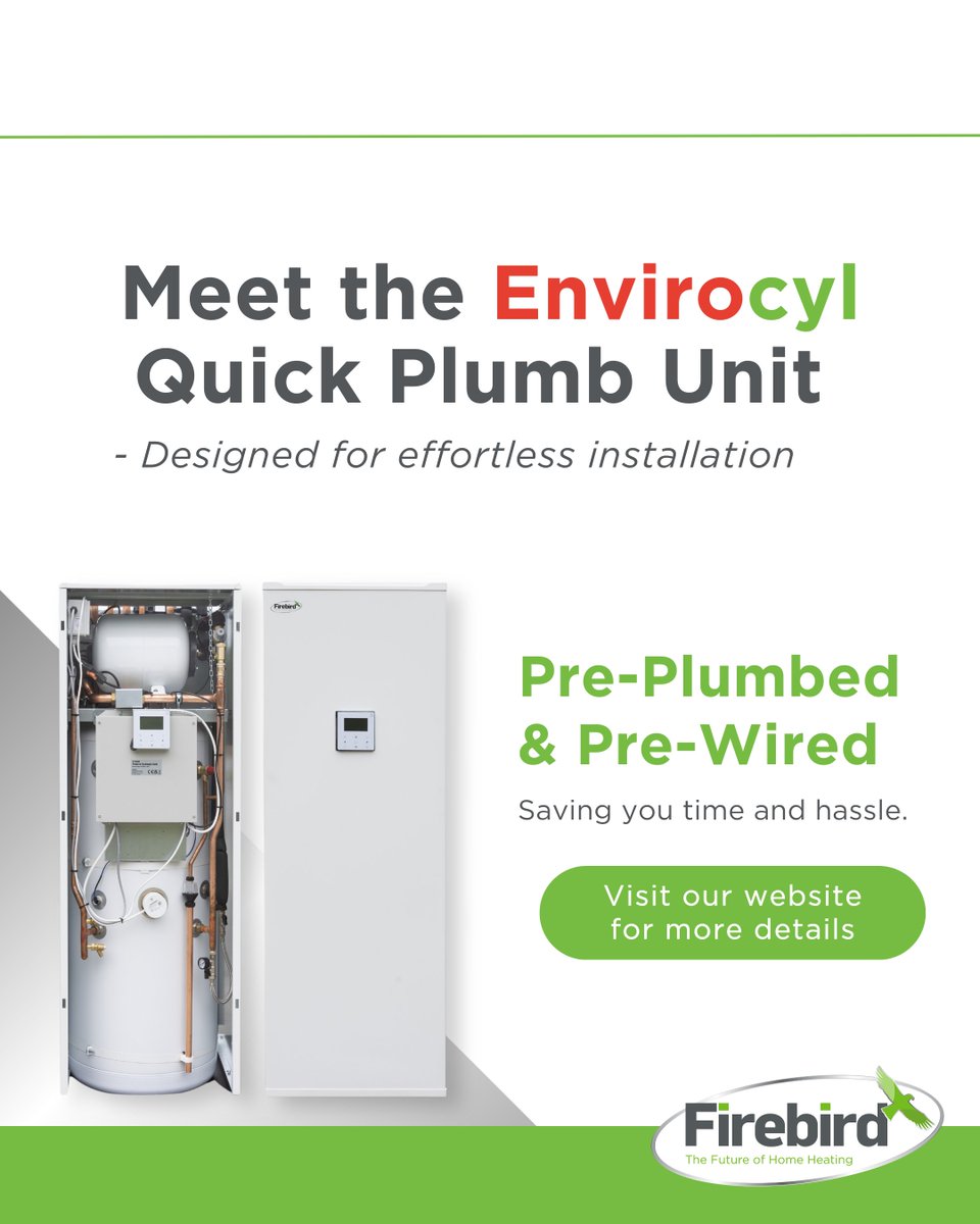 The Firebird Envirocyl Quick Plumb Unit is designed with the installer and homeowner in mind. The pre-plumbed and pre-wired cylinder can reduce installation time by up to 70%. The ideal partner for the Firebird Enviroair Air Source Heat Pump.

#Firebird #HomeHeatingSolutions