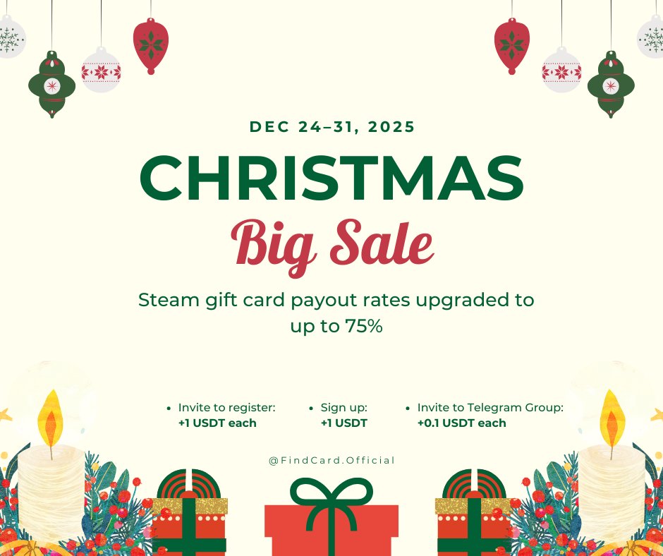 Find_Card's tweet image. 🚀Redeem Steam gift cards now with payout rates up to 75% 
Plus. Join three bonus activities to earn even more USDT 💰

📅 Event Time: Dec 24 – Dec 31, 2025（UTC+1）

👉 Download the app and join the event now
findcardapp.com/?platform=2
#Christmas #findcard