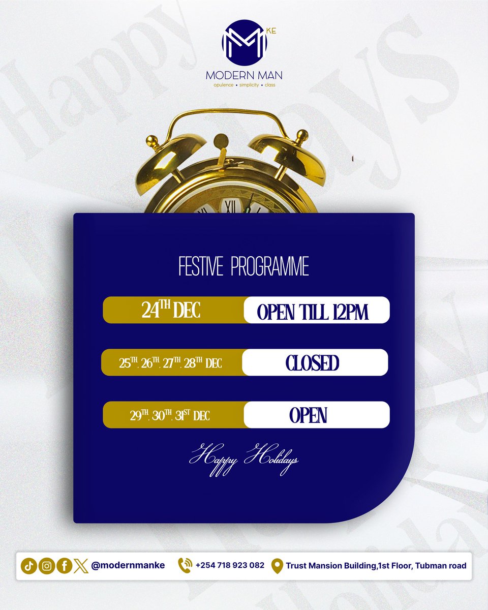 modernmanke's tweet photo. Our festive season schedule.

Stay sharp, stay stylish. Follow Modern Man for the latest looks and fashion drops 💎
📸 https://t.co/QCbab3pYmS
🎥 https://t.co/mdQrkW8UJA https://t.co/8wCyNL17Am