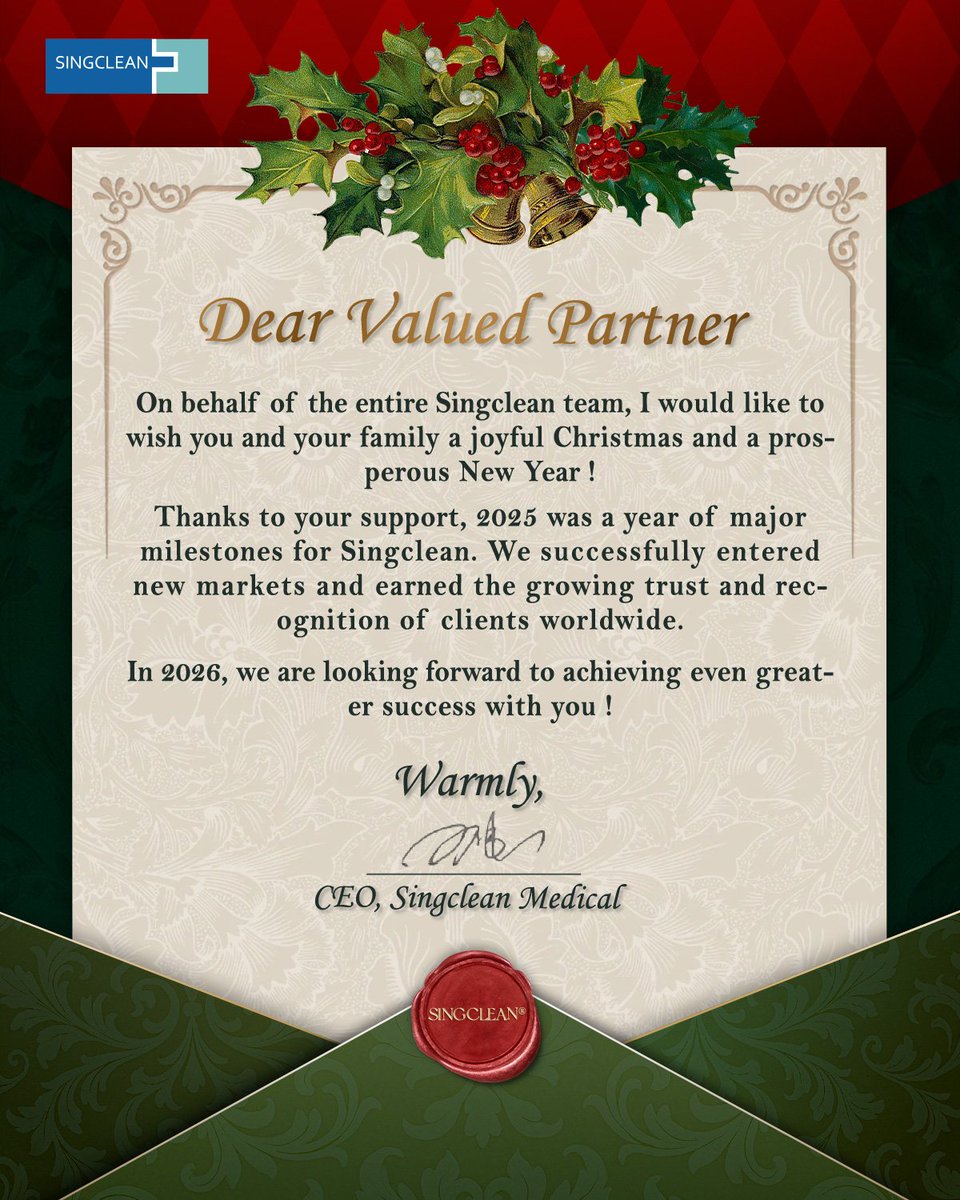 singclean's tweet image. 🎄✨ Season’s Greetings from Singclean Medical ✨🎄
Thank you to all our global partners 🌍🤝 for your trust and support in 2025.
Let’s achieve even more together in 2026 🚀

Merry Christmas 🎅🎁 &amp;amp; Happy New Year 🎉💫