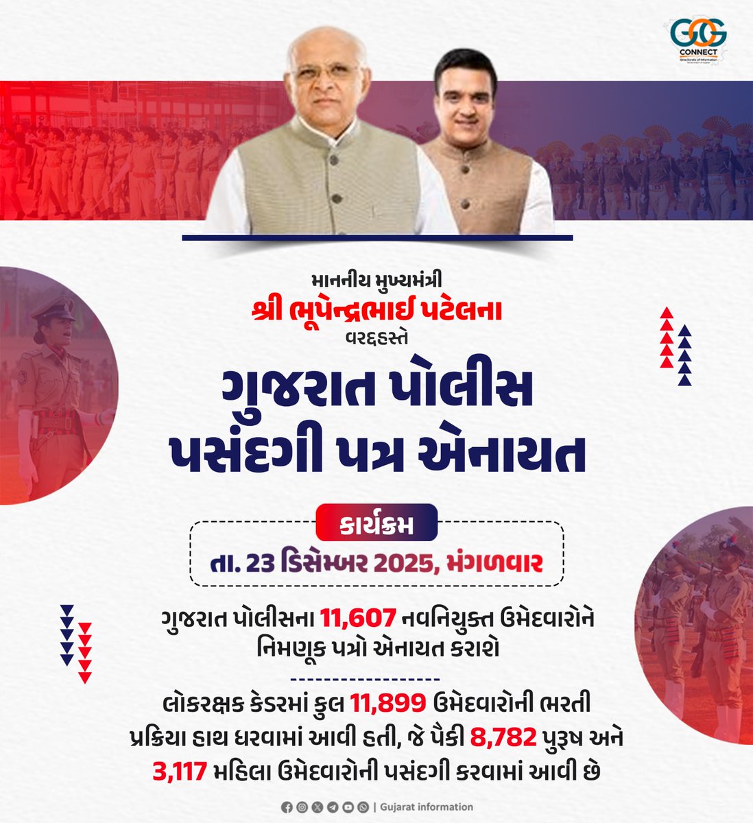 InfoGujarat's tweet photo. માન. મુખ્યમંત્રી શ્રી ભૂપેન્દ્રભાઈ પટેલના વરદ્હસ્તે ગુજરાત પોલીસના 11,607 નવનિયુક્ત ઉમેદવારોને નિમણૂક પત્રો એનાયત કરાશે...

#LRD #gujaratpolice #GujaratGovernment
@CMOGuj @Bhupendrapbjp @sanghaviharsh @GujaratPolice