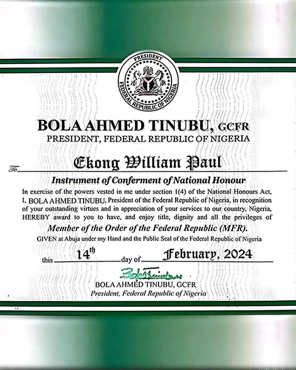 WTroostEkong's tweet image. I am honoured and grateful to His Excellency, the President of the Federal Republic of Nigeria (@officialABAT ), for conferring on me the MFR national honour. 

I have been sent the official certificate today following the announcement last night. It’s a very proud moment for me…