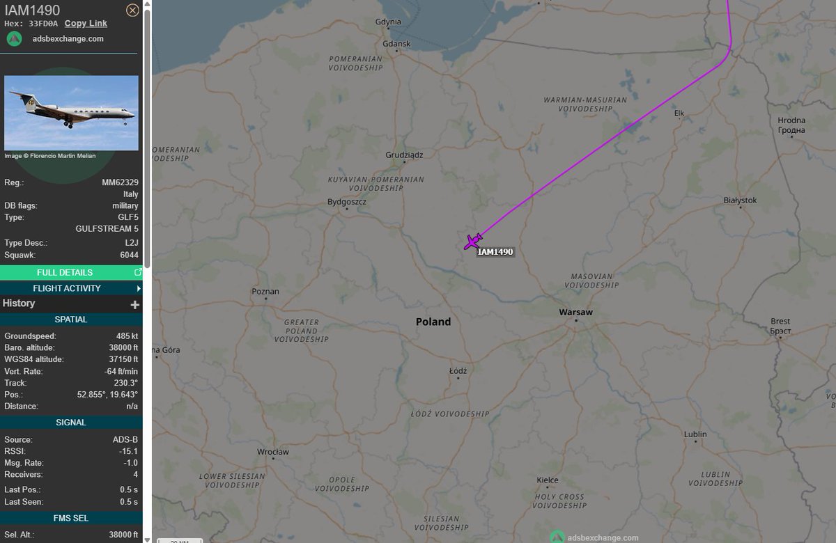PolishMilRadar's tweet photo. 📅 23.12 🕒 11:14LT - 🇮🇹✈️ Gulfstream G550 tranzytem
🇮🇹 Siły Powietrzne Włoch #AeronauticaMilitare
✈️ Gulfstream G550 "MM62329"
🛫 Baza Lotnicza Ämari #EEEI 🇪🇪
🛬 Mediolan Linate #LIML 🇮🇹
#IAM1490 leci na FL380
🔗https://t.co/pumDVJefgP
#POLMILRADAR https://t.co/RB8iRXzeDO