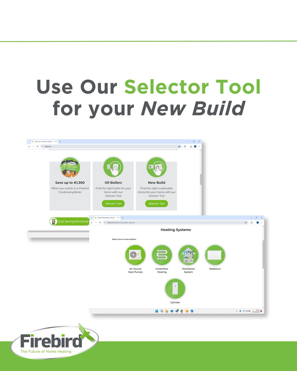 Building a new home? 🏠 Use our Selector Tool to find the perfect heating solution tailored to your needs! Start saving on energy costs today with Firebird.

Check it out on our website: firebird.ie

#Firebird #HomeHeatingSolutions #EfficientHeating