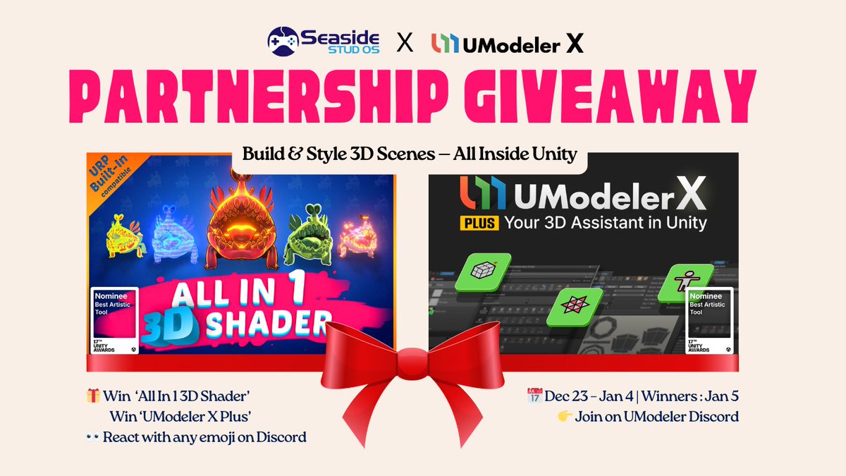 🎉 Holiday Giveaway! Win a free license of All In 1 3D Shader or UModeler X!

Join UModeler's Discord to enter: discord.gg/7fC4bbEcwyEvent ends Jan 4th

#Unity3D #gamedev