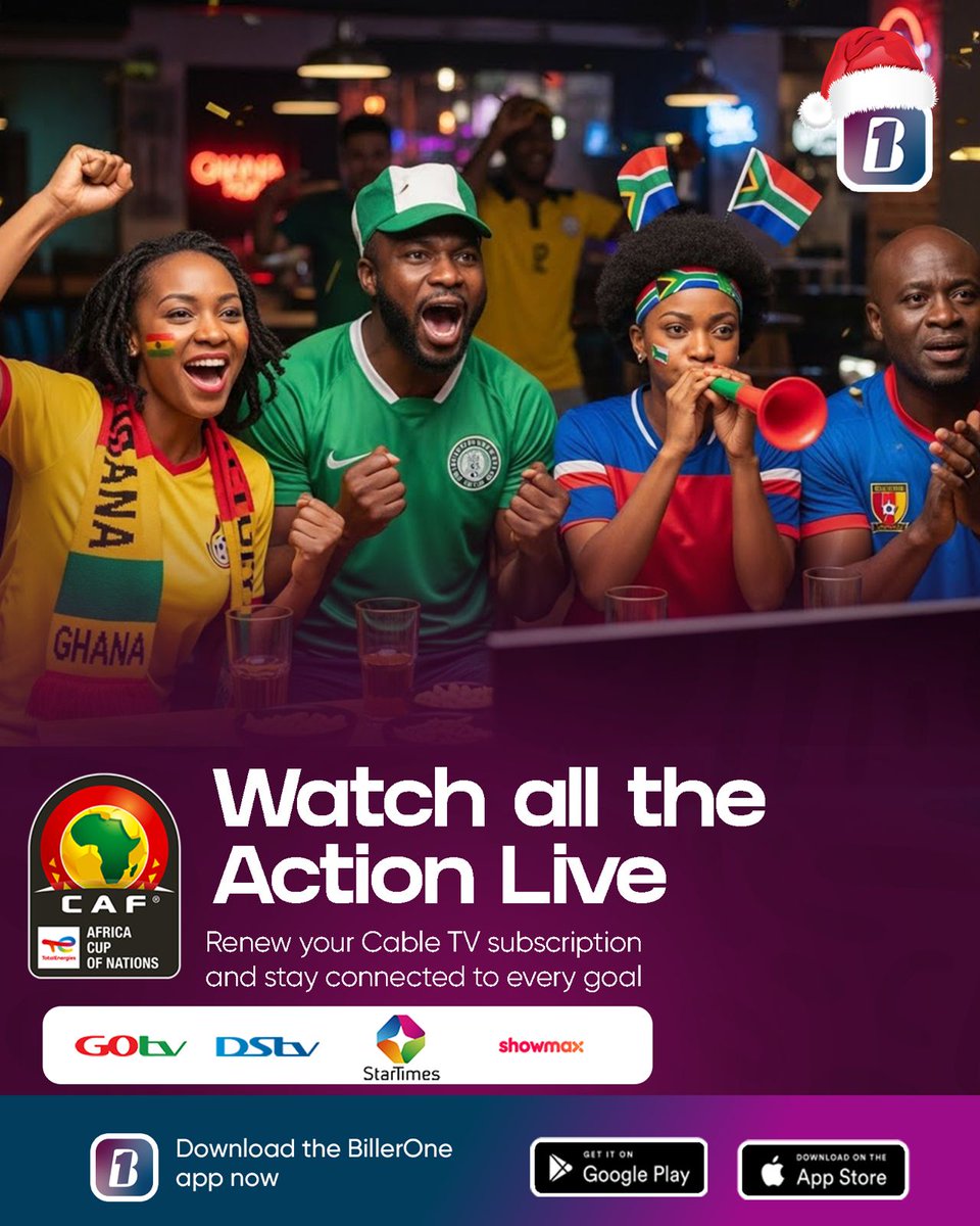 AFCON season is here ⚽🔥

Renew your DStv, GOtv, StarTimes, or Showmax subscription on BillerOne and catch every goal live, no interruptions.

Download the BillerOne app now.
#AFCON #BillerOne #AFCON2025 #LiveFootball #CableTV