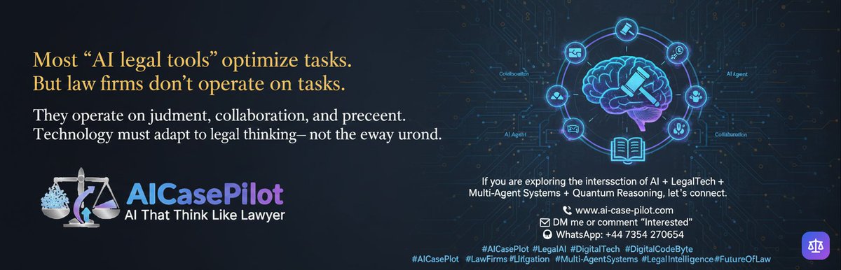DigitalCodeByte's tweet photo. 𝗠𝗼𝘀𝘁 “𝗔𝗜 𝗹𝗲𝗴𝗮𝗹 𝘁𝗼𝗼𝗹𝘀” 𝗼𝗽𝘁𝗶𝗺��𝘇𝗲 𝘁𝗮𝘀𝗸𝘀.
But law firms don’t operate on tasks.
They operate on judgment, collaboration, and precedent. 

#AICasePilot #LegalAI #LegalTech #DigitalCodeByte #LawFirms #Litigation #MultiAgentSystems #LegalIntelligence https://t.co/wbqrHI61hl