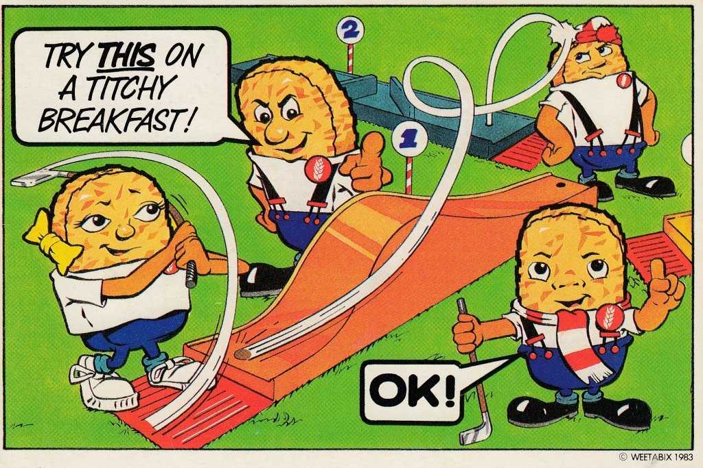 A Weetabix Gang Crazy Mini Golf Weeta-Card postcard from 1983 hamandeggerfiles.blogspot.com/2025/05/a-weet… #CrazyGolf #Minigolf #CrazyGolfMuseum #MinigolfMuseum #OldPostcards #Postcards