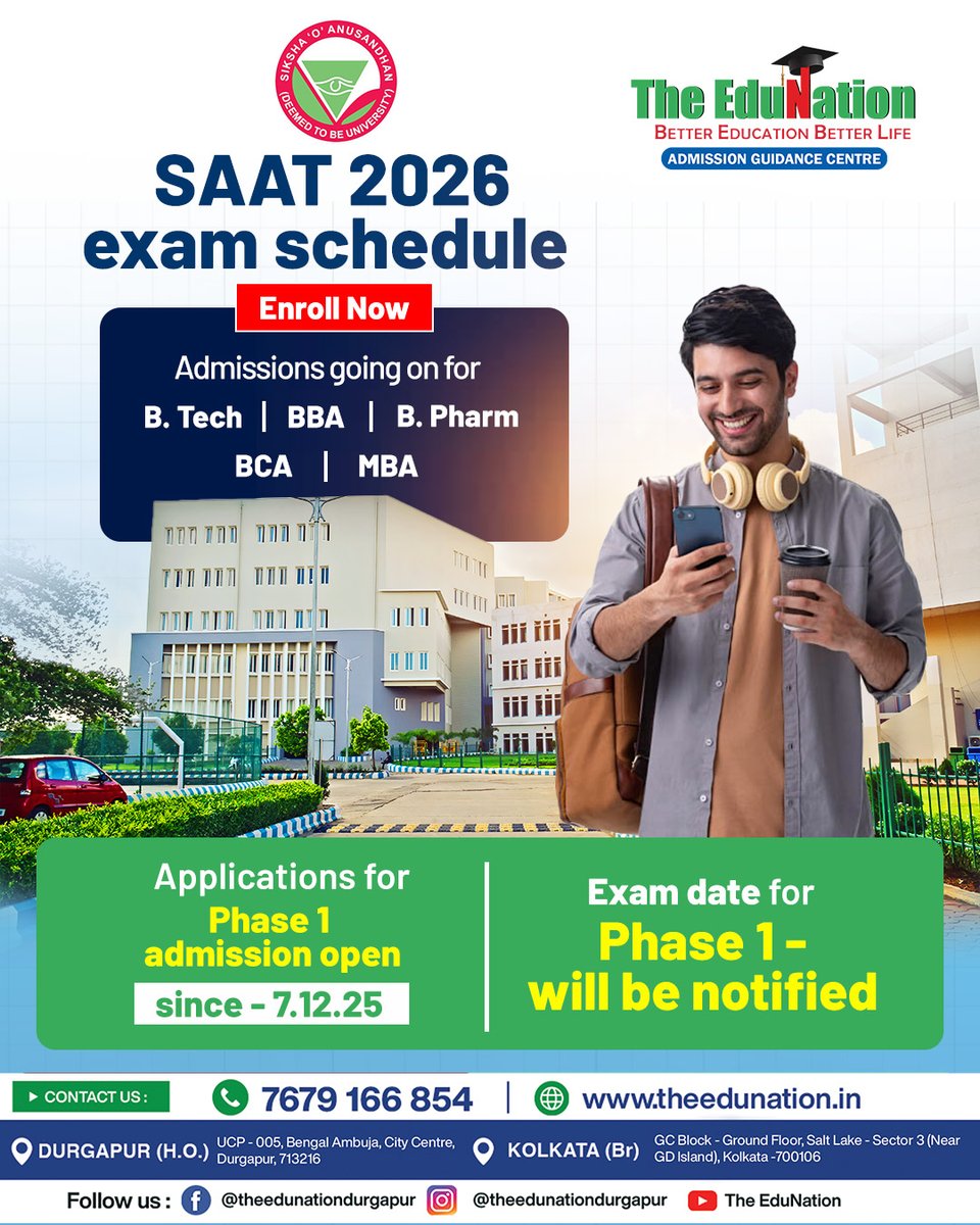 The_Edunation's tweet image. Admissions for SAAT 2026 are now open 🎓
Take the next big step towards your career with expert admission guidance for B.Tech, BBA, B.Pharm, BCA &amp;amp; MBA.

📞 7679 166 854

#SAAT2026 #CollegeAdmissions #HigherEducation
