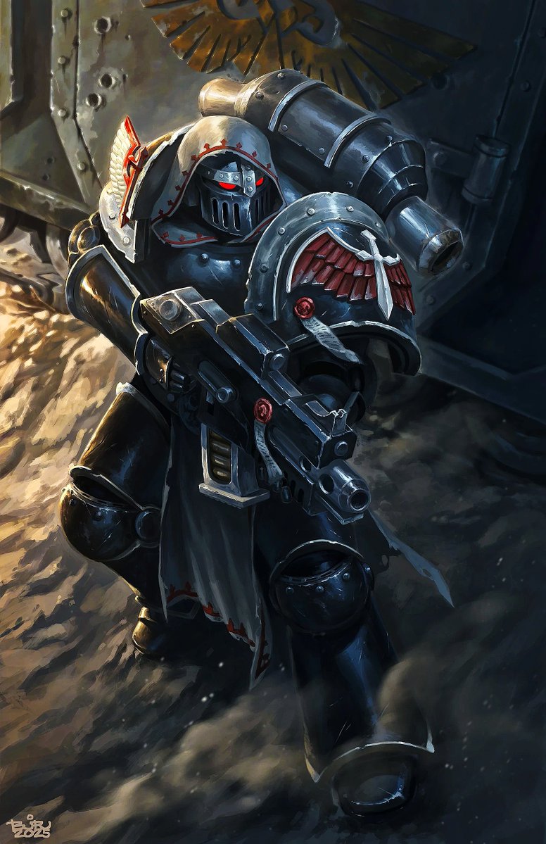 Aetas_Memoria's tweet image. A couple of great fan illustrations of the First Legion, Angelis Tenebraium, the Dark Angels. By Brian Valeza.

The Ironwing of the Hexagrammaton/Corpus Dextera.

And a Space Marine of the Hexagrammaton's Stormwing, in Mark III 'Iron' pattern Power Armour.