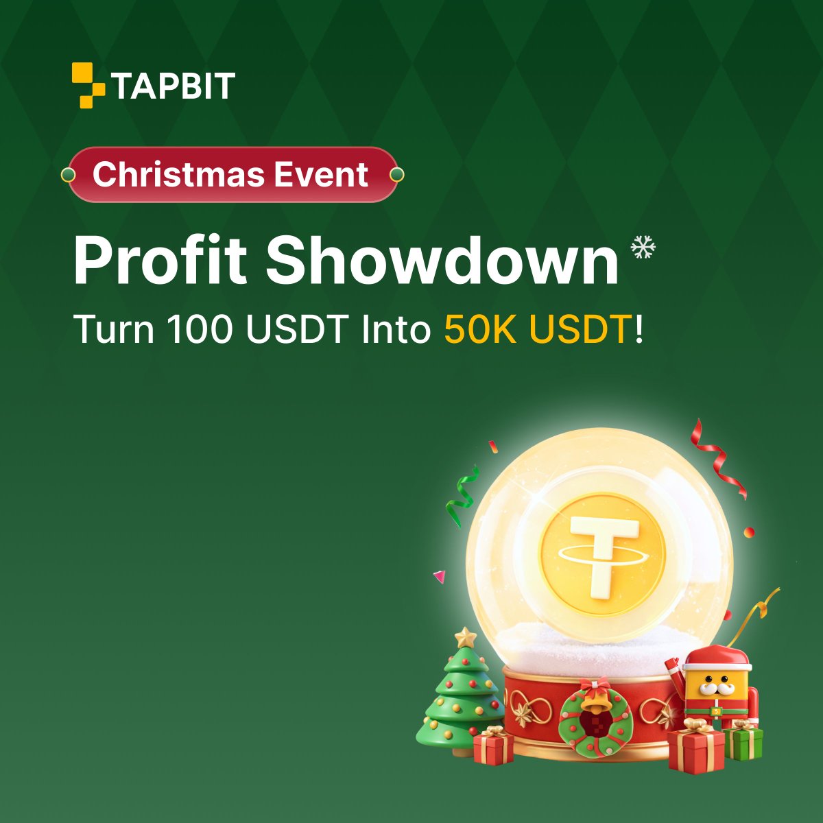Tapbitglobal's tweet image. 🎄 Christmas 100 USDT Trading Challenge is live!

Turn 100 USDT into a chance to win up to 50,000 USDT in rewards.

📅 Event Period:
Dec 23, 2025, 10:00 – Jan 6, 2026, 09:59 (UTC)

👉 Join here:
 tapbit.com/m/index.html#/…

#Tapbit #CryptoTrading