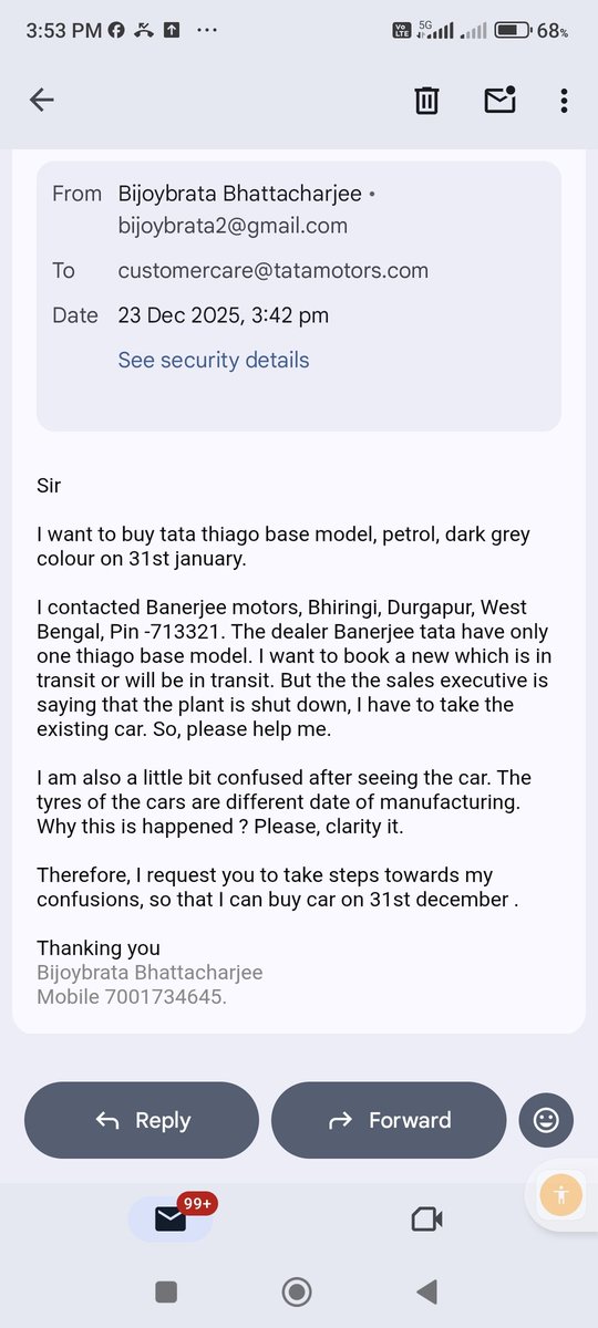 Bijoybrata's tweet photo. @TataMotors please help me , I want to buy thiago on 31st december, 2025. Clarify my below confusion. My e mail id bijoybrata2@gmail.com
mobile 7001734645 https://t.co/dZoM1l6dMc