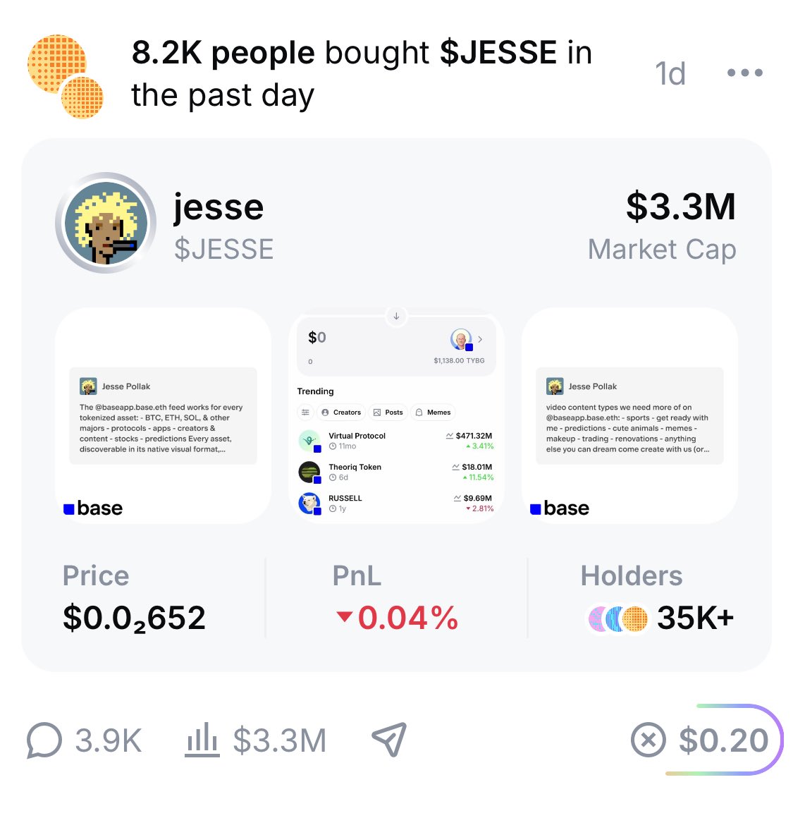 MrDegenWolf's tweet image. As a retardio, I hate creator coins the way @base and @jessepollak are forcing them off culture

That said — g recognize g
Props to Jesse and the @baseapp team for the double-tap buy feature and the solid intel in the feed

Baseapp is great
Keep baseposting