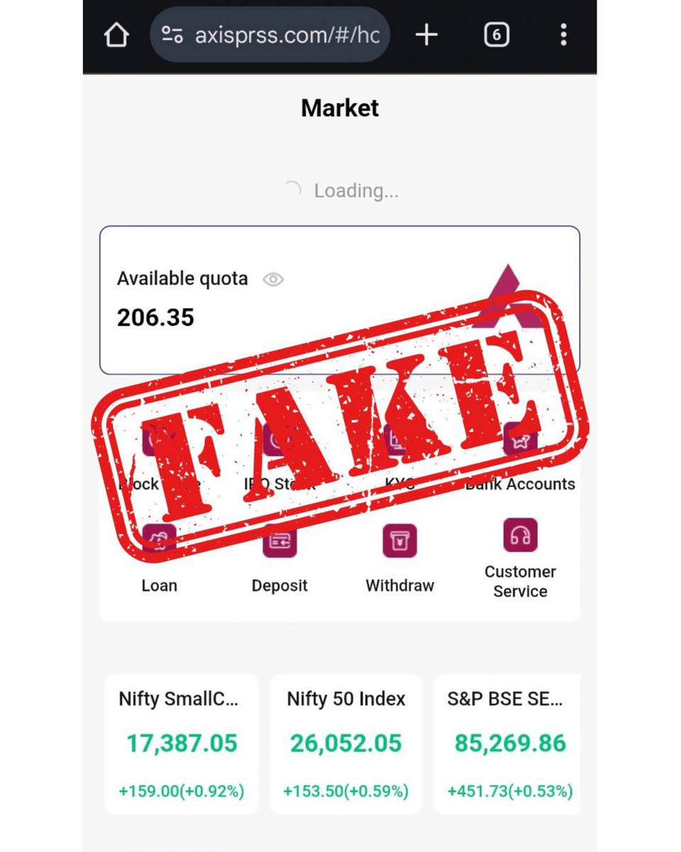 AxisDirect_In's tweet photo. 🚨 Fake Website Alert

We’ve identified a fraudulent website, https://t.co/GPCV90r2UD, falsely posing as Axis Direct. This website is not associated with Axis Direct in any manner and may mislead users.

For your safety, please ensure you access Axis Direct services only through our official website and authorised platforms. Do not share your login credentials, personal details, or financial information on unverified websites.

Always double-check the URL before logging in and rely on official sources for accurate updates.

Stay alert. Stay secure.

Disclaimer: https://t.co/cbeNJq2FnY

#FraudAlert #FakeWebsiteAlert #StayAlert #InvestorAwareness #CyberSecurity #BewareOfFraud #DigitalSafety #AxisDirect