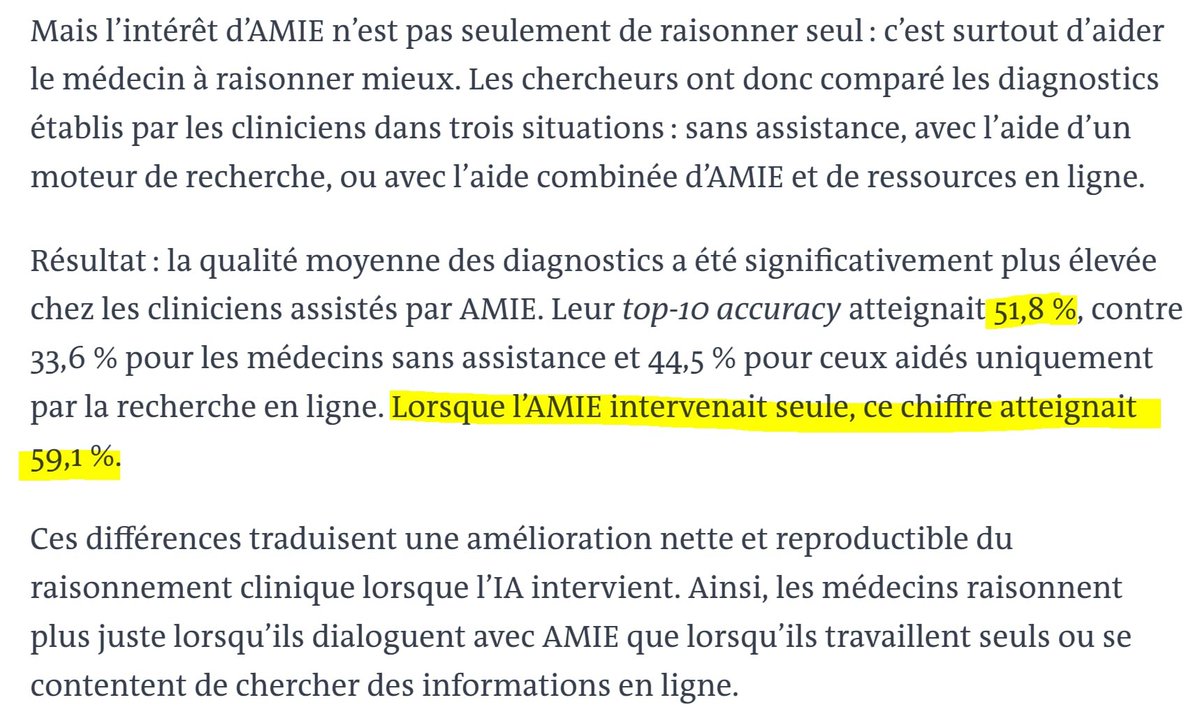 Fabien_Mikol's tweet photo. En effet, les études sur le modèle AMIE de Google DeepMind ont montré que la machine seule performait mieux que dans les cas des médecins assistés par l'IA. Peut-être en raison des biais humains (ancrage sur une 1re hypothèse) qui influencent ensuite l'IA.
https://t.co/VNM85mEJyw https://t.co/FdJ1i4XSZR