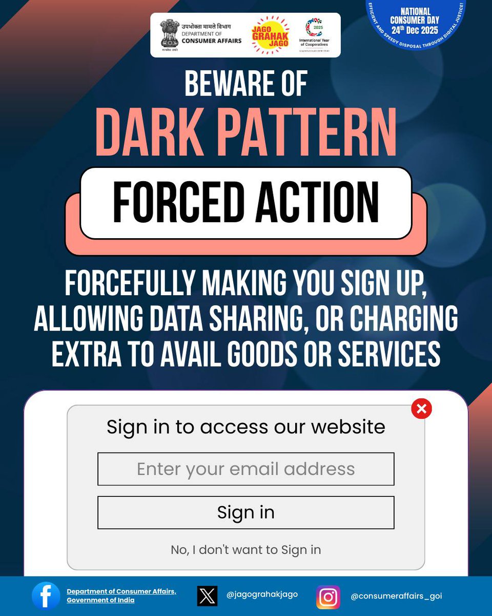 jagograhakjago's tweet photo. #ForcedAction is a dark pattern. Websites can't force you to subscribe, pay extra, or share personal details without your clear consent. Know your rights—and say no when needed. If you spot this Call National Consumer Helpline at 1915 or WhatsApp at 8800001915 #ConsumerRights #ForcedAction #DarkPatterns #JagoGrahakJago #NCH1915 #JagrukGrahakSmartGrahak