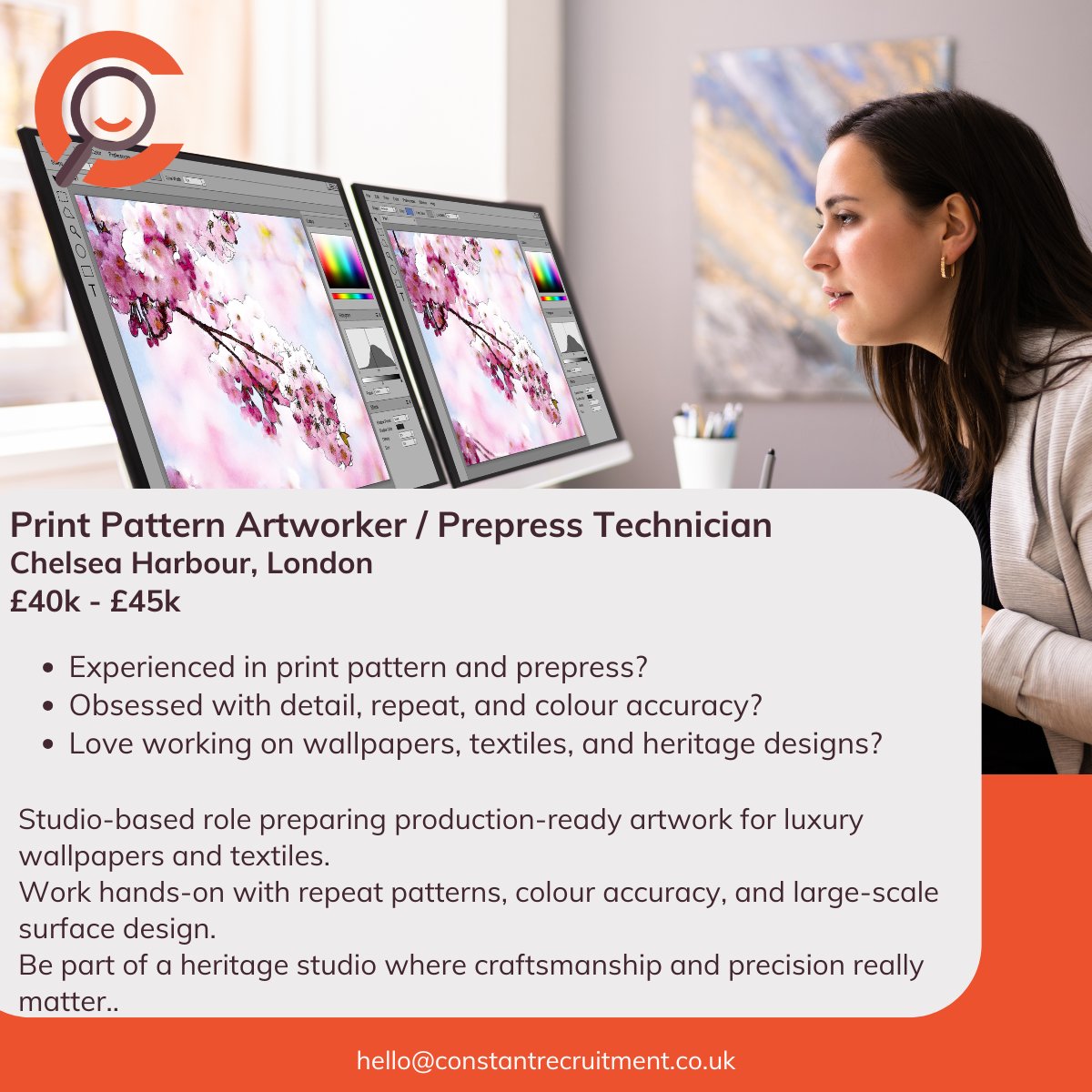 ConstantRec's tweet photo. 🎨 Print Pattern Artworker / Prepress Technician

Studio-based role working on luxury wallpapers &amp; textiles.
Focus on repeat patterns, colour accuracy &amp; production-ready artwork.
https://t.co/mgLUQHwiXi

#PrintDesign #TextileDesign #Prepress #DesignJobs #LondonJobs https://t.co/fR4QOiOSmx