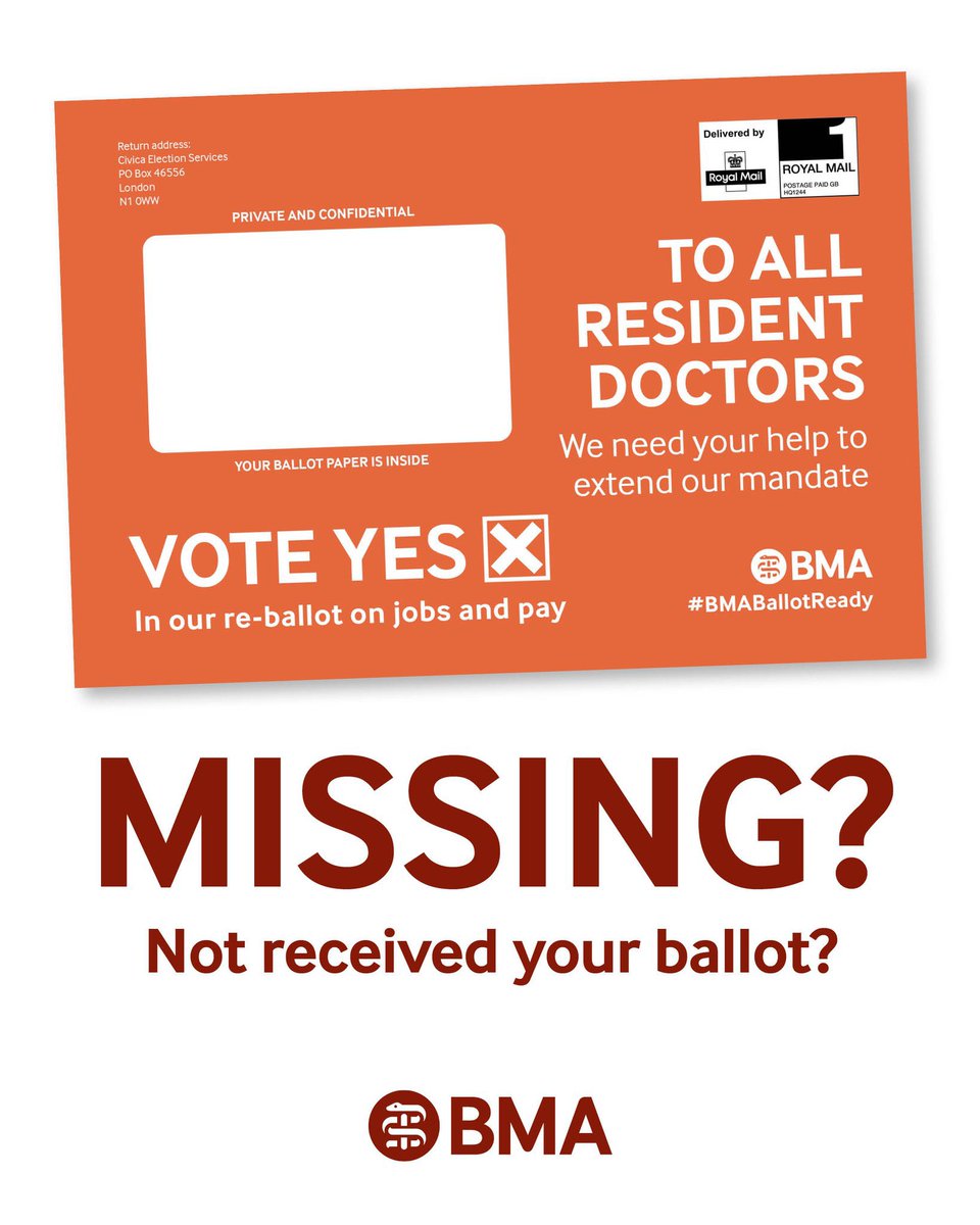 Resident doctors in England,

Please post your ballot on jobs &amp; pay today.

This Government only listens when we act together. If we want to protect our profession, we have to keep going.

Vote YES for jobs &amp; pay.

No ballot yet? Request a replacement:
bit.ly/BMAReballotReq…