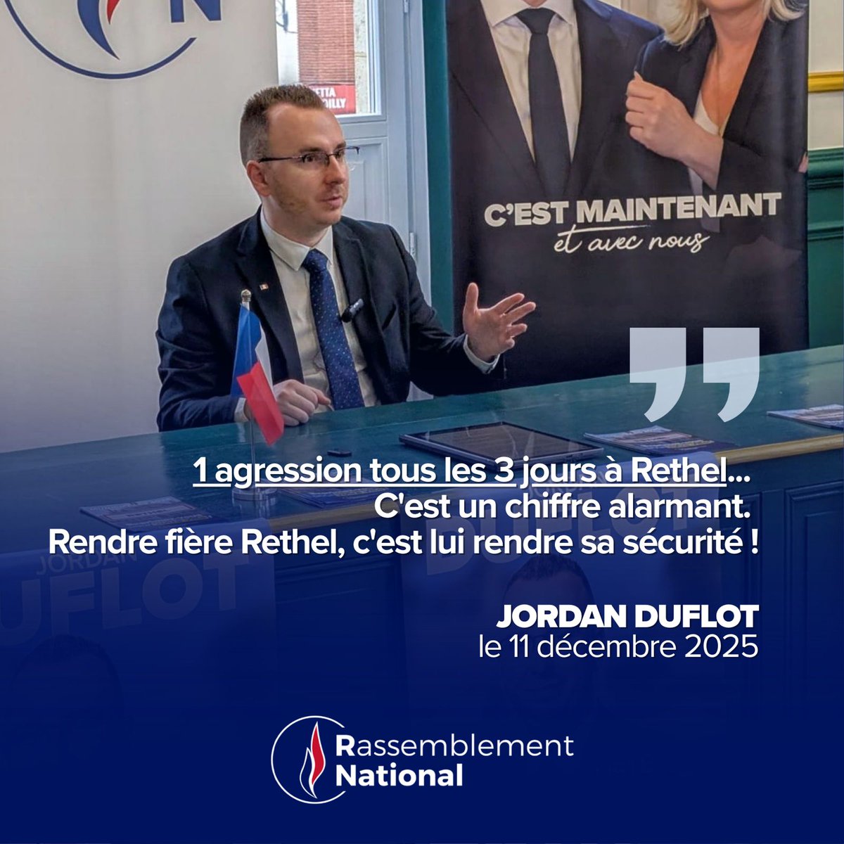 🇫🇷 À <a href="/VILLEdeRETHEL/">Ville de RETHEL</a> , quand 1 agression survient tous les 3 jours, il n’est plus temps de détourner le regard... 

C’est pourquoi, au <a href="/RNational_off/">Rassemblement National</a> , nous ferons le choix de la fermeté. 

🗳️ Rendre fière Rethel, c’est agir pour sa sécurité.

Jusqu'à la victoire ! Rethel