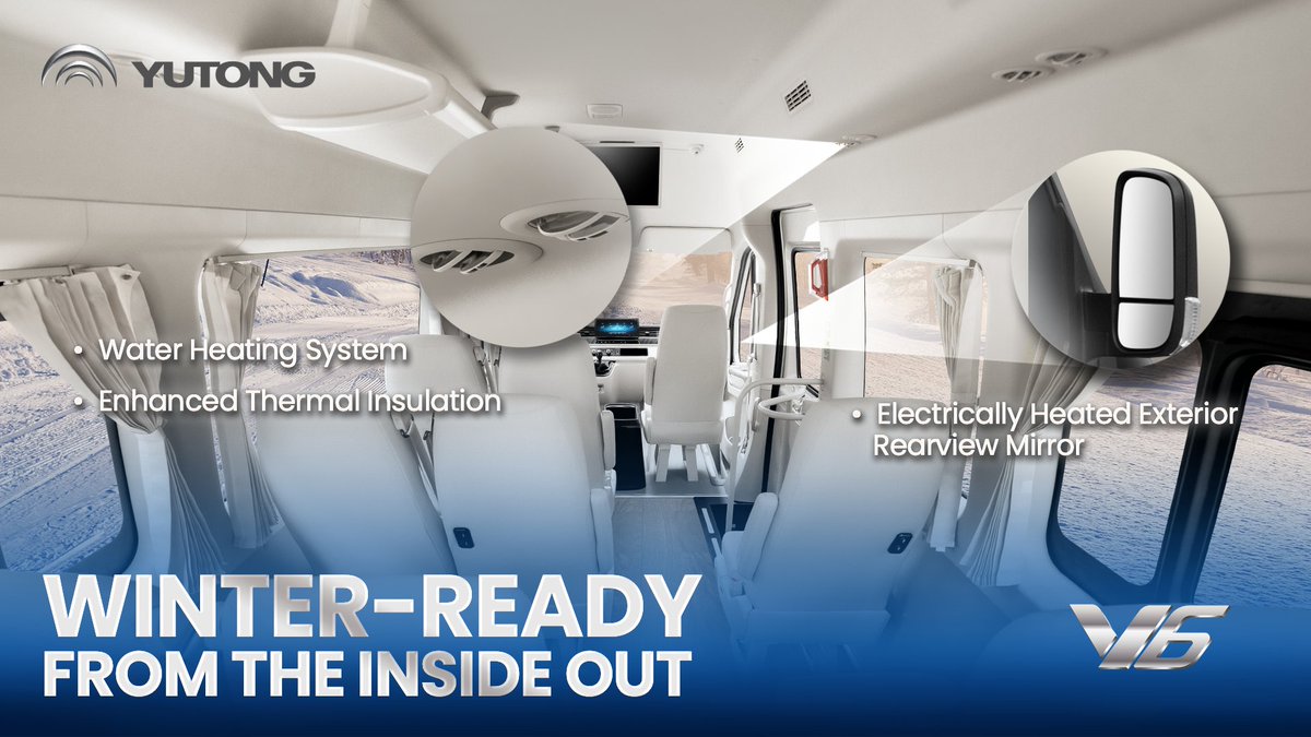 YutongGlobal's tweet photo. When winter sets in, stable operation starts with warmth you can rely on. 

The Yutong V6 is engineered with a comprehensive in-cabin thermal solution to keep every journey steady, efficient, and safe in cold conditions. Its water heating system delivers stable cabin heating and defrosting, enabling cold starts and clear visibility. Its upgraded 1200g enhanced thermal insulation also helps retain heat, reduces energy loss, and lowers overall energy consumption.

Furthermore, its electrically heated exterior rearview mirror glass prevents fogging and icing, ensuring clear rear visibility and adding an extra layer of confidence for winter driving.

Built to face winter head-on, the Yutong V6 stays stable, efficient, and ready.