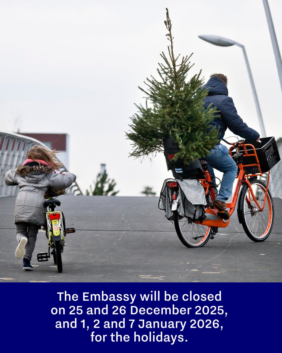❄️ Please note the Embassy closing days over the coming holiday season ❄️
 
We will be closed on 25 and 26 December 2025, and 1, 2 and 7 January 2026, for the holidays.
 
 ℹ️ If you have consular questions, please contact The Netherlands Worldwide 👉 netherlandsworldwide.nl/contact.