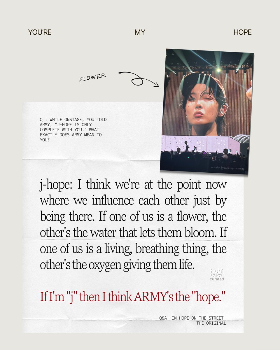 HobiCasa's tweet image. We don't deserve hobi😭😭
j-hope: I think we're at the point now where we influence each other just by being there. If one of us is a flower, the other's the water that lets them bloom. If one of us is a living, breathing thing, the other's the oxygen giving them life. If I'm "j"…