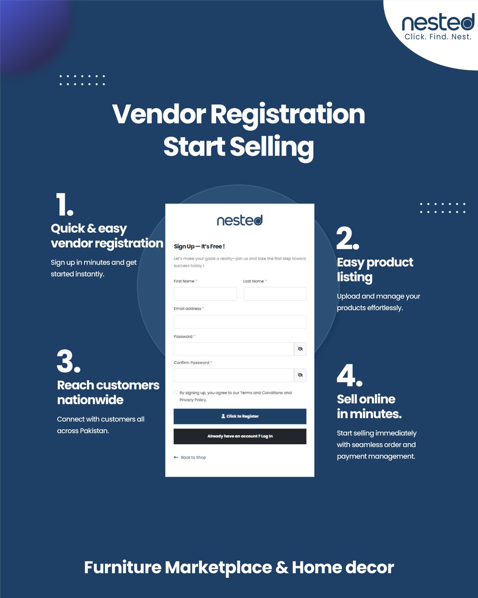 NestedPk's tweet image. Turn your local shop into a national brand. 🇵🇰

Register as a vendor on Nested for FREE and start selling your 𝗵𝗼𝗺𝗲 𝗱𝗲𝗰𝗼𝗿 𝘁𝗼𝗱𝗮𝘆.

 𝗥𝗲𝗴𝗶𝘀𝘁𝗲𝗿 𝗮𝘀 𝗮 𝗩𝗲𝗻𝗱𝗼𝗿: nested.pk/signup.php
 
#nestedpk #nestedpkmarketplace #interiordecor