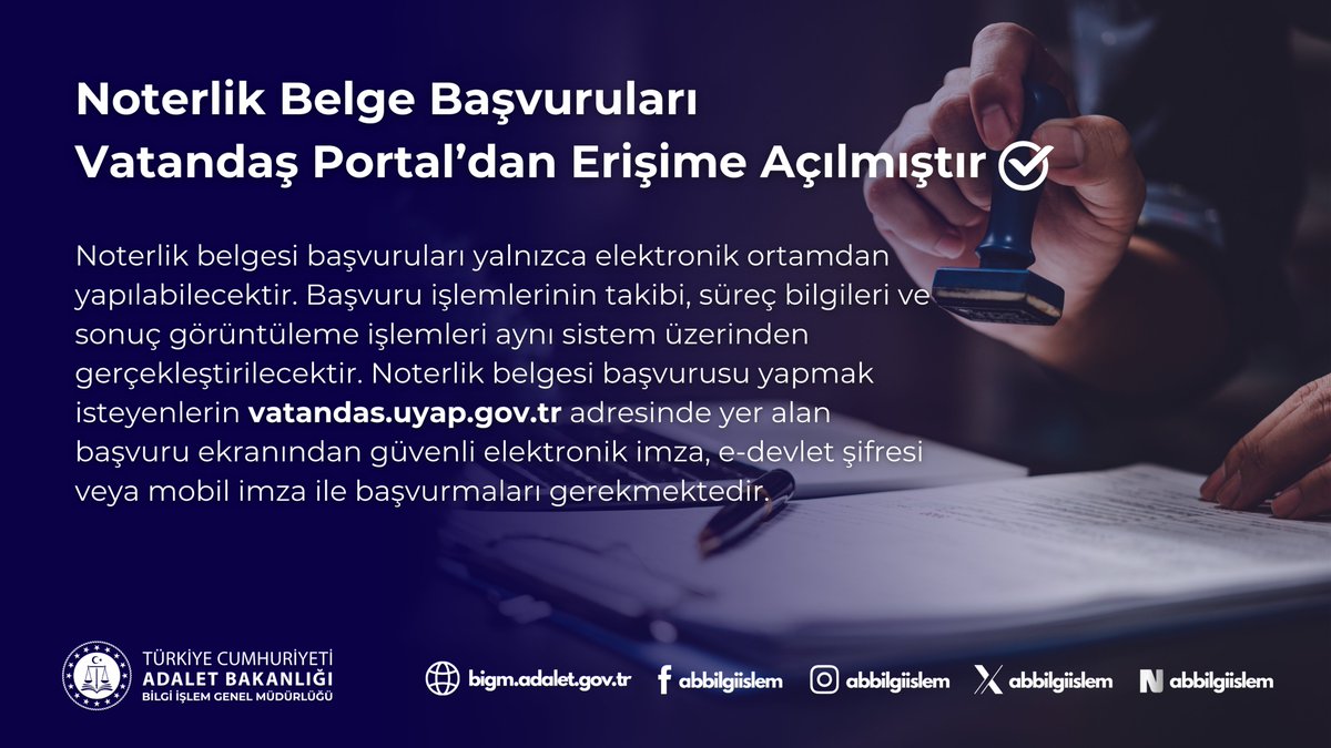 abbilgiislem's tweet photo. Noterlik Belge Başvuruları Vatandaş Portal'dan Erişime Açılmıştır.
Başvuru Kılavuzu: https://t.co/aOwTdjSkP2 https://t.co/INz93XO3ps