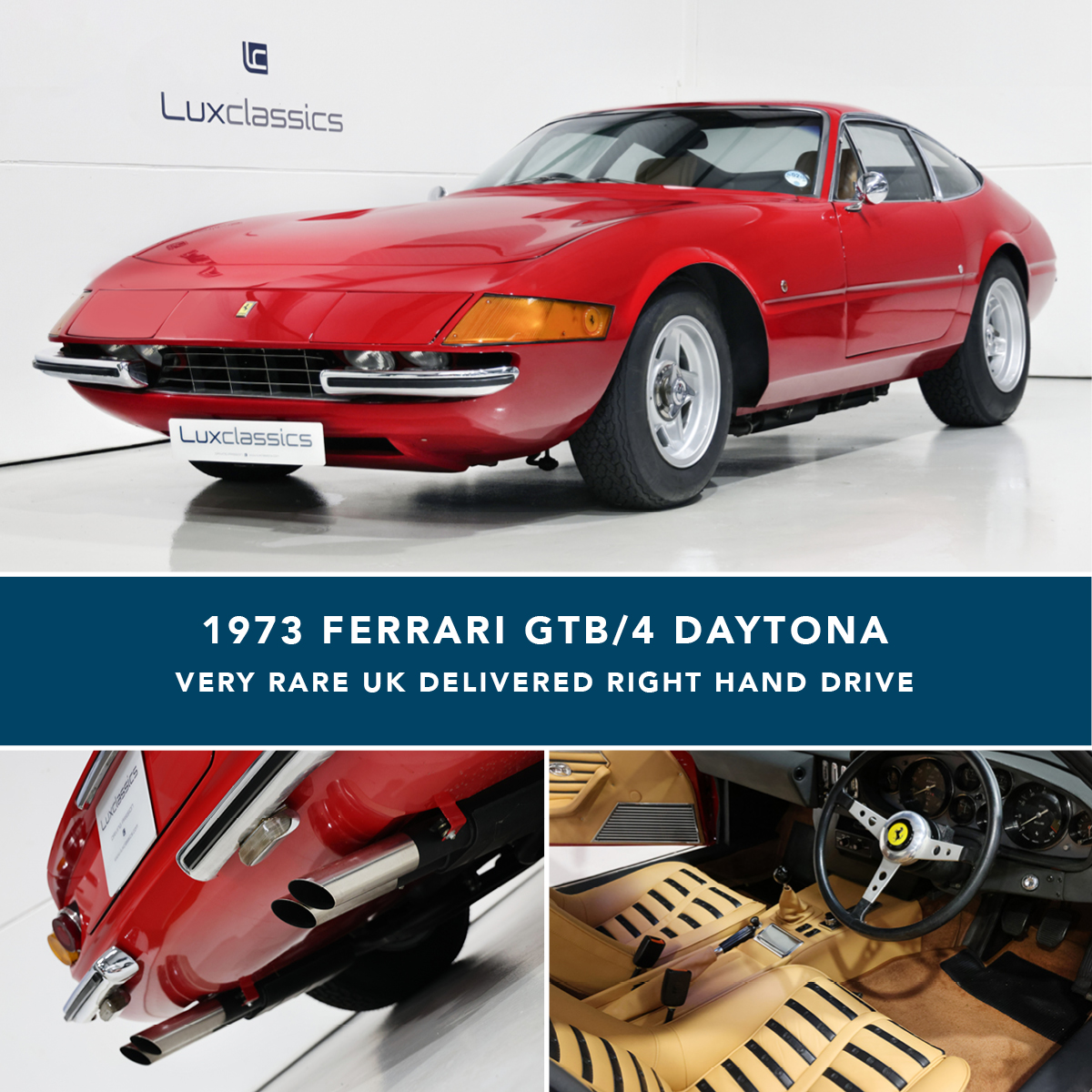New stock at Lux Classics: Very rare right hand drive UK delivered 1973 Ferrari 365/4 Daytona. In exceptional restored condition and well documented. See it on our website here:

luxclassics.com/vehicle-detail…

#classicferrari #daytona #ferraridaytona #ferrari356 #v12