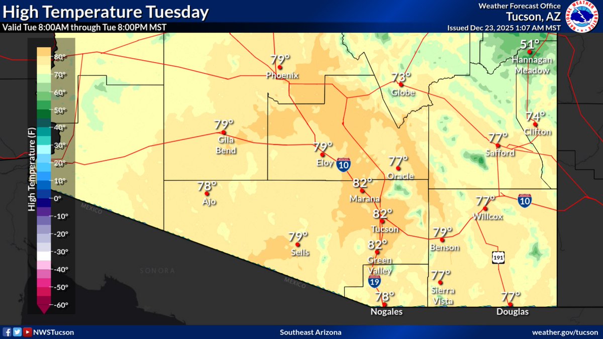 NWSTucson's tweet image. Changeable weather incoming🎄🌧️

🌡️Warm temps today w/ considerable clouds &amp;amp; a few breezes. 

🌧️Rain chances focus on tonight into Wed AM &amp;amp; then again Christmas Eve into Christmas Day. Rain amnts remain light (most locales less than 0.25" through Thu) with minimal impacts. #azwx